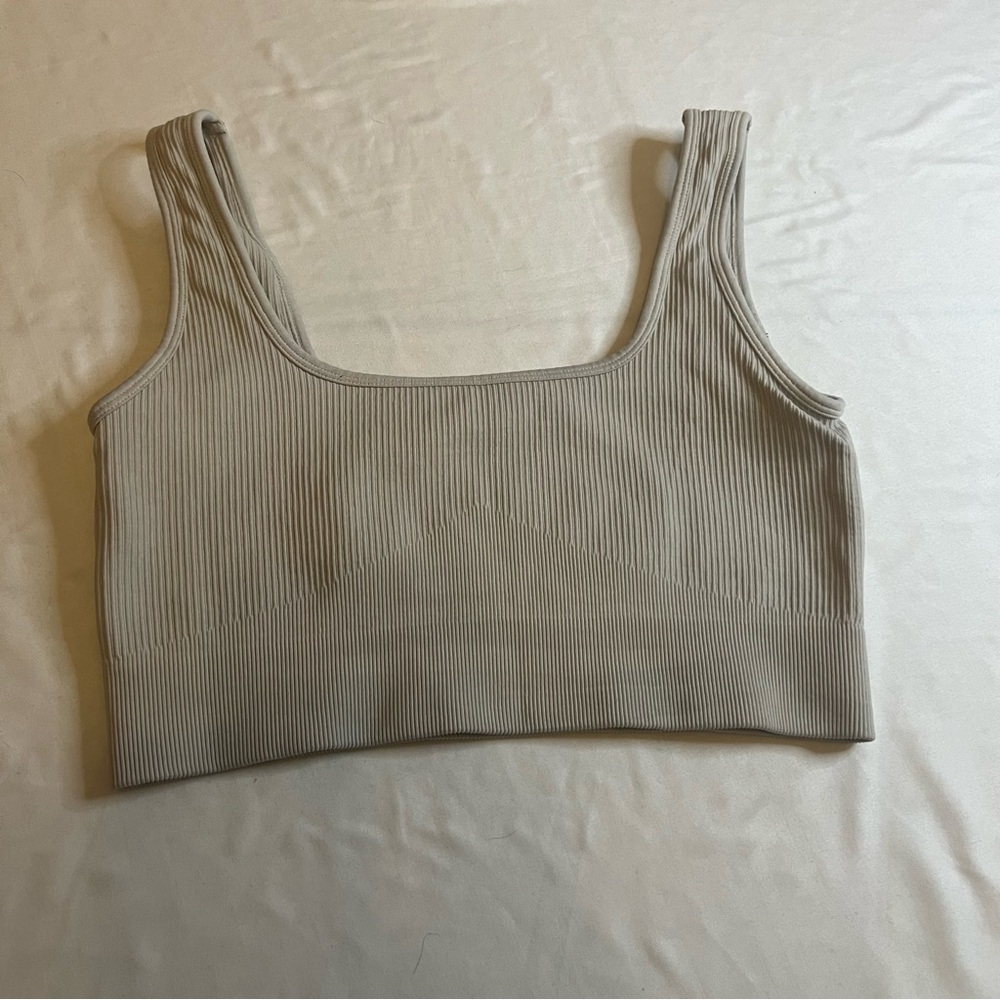 Taupe Ribbed Seamless Crop Tank Sports Bra Size Large Square Neck Workout